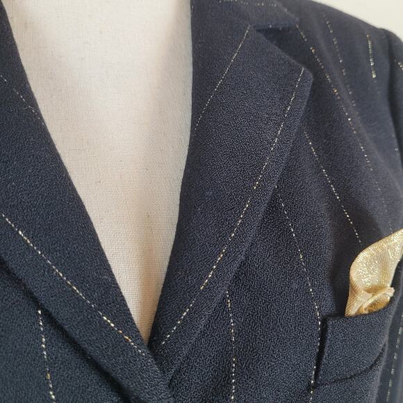 VTG Rickie Freeman Teri John Blazer Jacket 2 Black Wool Pinstripes Gold Longline - Picture 16 of 16